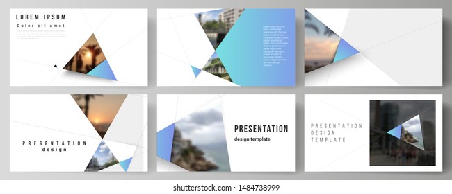 The minimalistic abstract vector layout of the presentation slides design business templates. Creative modern background with blue triangles and triangular shapes. Simple design decoration.