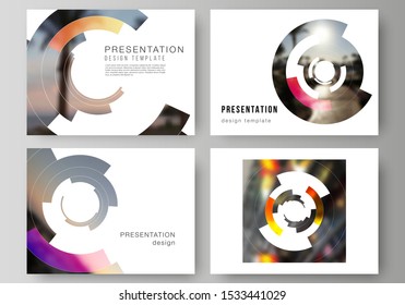 The minimalistic abstract vector layout of the presentation slides design business templates. Futuristic design circular pattern, circle elements forming geometric frame for photo.