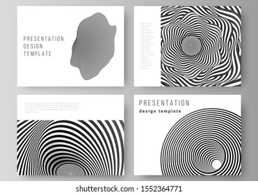 The minimalistic abstract vector layout of the presentation slides design business templates. Abstract 3D geometrical background with optical illusion black and white design pattern.