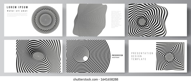 The minimalistic abstract vector layout of the presentation slides design business templates. Abstract 3D geometrical background with optical illusion black and white design pattern.