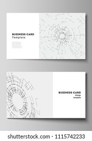 The minimalistic abstract vector layout of two creative business cards design templates. Network connection concept with connecting lines and dots. Technology design, digital geometric background.