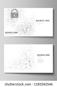 The minimalistic abstract vector layout of two creative business cards design templates. Binary code background. AI, big data, coding or hacker concept, digital technology background