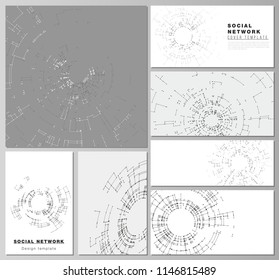 The minimalistic abstract vector layouts of modern social network mockups in popular formats. Network connection concept with connecting lines and dots. Technology design, digital geometric background