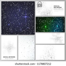 The minimalistic abstract vector layouts of modern social network mockups in popular formats. Binary code background. AI, big data, coding or hacker concept, digital technology background.
