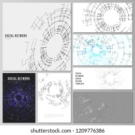 The minimalistic abstract vector layouts of modern social network mockups in popular formats. Network connection concept with connecting lines and dots. Technology design, digital geometric background