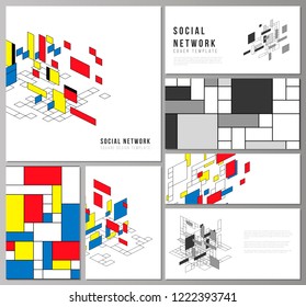 The minimalistic abstract vector layouts of modern social network mockups in popular formats. Abstract polygonal background, colorful mosaic pattern, retro bauhaus de stijl design.