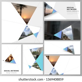 The minimalistic abstract vector layouts of modern social network mockups in popular formats. Creative modern background with blue triangles and triangular shapes. Simple design decoration.