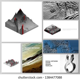 Minimalistic abstract vector layouts of modern social network mockups in popular formats. Big data. Dynamic geometric background. Cubes pattern design with motion effect. 3d technology style.