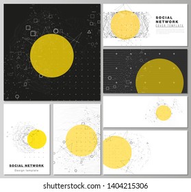 The minimalistic abstract vector layouts of modern social network mockups in popular formats. Science or technology 3d background with dynamic particles. Chemistry and science concept.