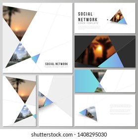 The minimalistic abstract vector layouts of modern social network mockups in popular formats. Creative modern background with blue triangles and triangular shapes. Simple design decoration.