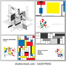 The minimalistic abstract vector layouts of modern social network mockups in popular formats. Abstract polygonal background, colorful mosaic pattern, retro bauhaus de stijl design.