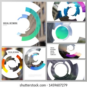 The minimalistic abstract vector layouts of modern social network mockups in popular formats. Futuristic design circular pattern, circle elements forming geometric frame for photo.