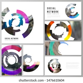 The minimalistic abstract vector layouts of modern social network mockups in popular formats. Futuristic design circular pattern, circle elements forming geometric frame for photo.