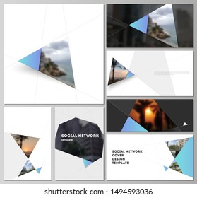 The minimalistic abstract vector layouts of modern social network mockups in popular formats. Creative modern background with blue triangles and triangular shapes. Simple design decoration.