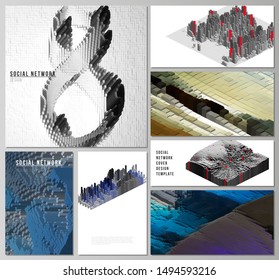 Minimalistic abstract vector layouts of modern social network mockups in popular formats. Big data. Dynamic geometric background. Cubes pattern design with motion effect. 3d technology style.