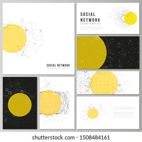 The minimalistic abstract vector layouts of modern social network mockups in popular formats. Science or technology 3d background with dynamic particles. Chemistry and science concept.