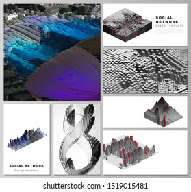 Minimalistic abstract vector layouts of modern social network mockups in popular formats. Big data. Dynamic geometric background. Cubes pattern design with motion effect. 3d technology style.