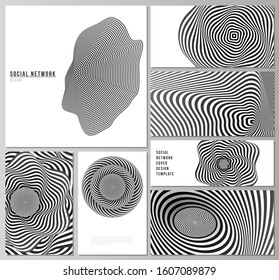 The minimalistic abstract vector layouts of modern social network mockups in popular formats. Abstract 3D geometrical background with optical illusion black and white design pattern.