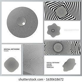 The minimalistic abstract vector layouts of modern social network mockups in popular formats. Abstract 3D geometrical background with optical illusion black and white design pattern.