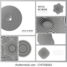 The minimalistic abstract vector layouts of modern social network mockups in popular formats. Abstract 3D geometrical background with optical illusion black and white design pattern.