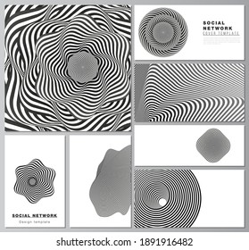 The minimalistic abstract vector layouts of modern social network mockups in popular formats. Abstract 3D geometrical background with optical illusion black and white design pattern.