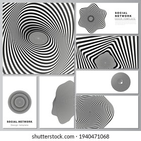 The minimalistic abstract vector layouts of modern social network mockups in popular formats. Abstract 3D geometrical background with optical illusion black and white design pattern.