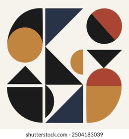 Minimalistic abstract vector pattern with circles, triangles and spheres in retro Bauhaus style. Graphic background of simple shapes in pastel colors. Bauhaus style