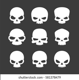 Minimalistic abstract vector skulls logos collection. Set of simple graphic human dead heads with angry face expressions. Cool for stickers or extreme badges.