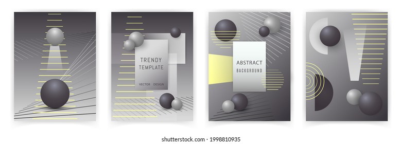 Minimalistic abstraction of spheres, lines, geometric shapes. Set of trendy posters pack of vector  illustration. Contrast brochure with futuristic design,modern template,fashion flyer, wallpaper.