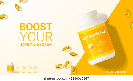 Minimalistic ad banner of vitamin d3. 3d vector illustration of dietary supplement. Top view on realistic bottle and softgels for promotion of vitamin d3. Concept of healthy immune system.