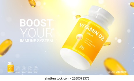 Minimalistic ad banner of vitamin d3. 3d vector illustration of dietary supplement. Ad banner with realistic bottle and softgels for promotion of vitamin d3. Concept of healthy immune system.