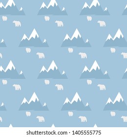 Minimalistic animal pattern. Mountain and bear on blue background. Seamless winter pattern.