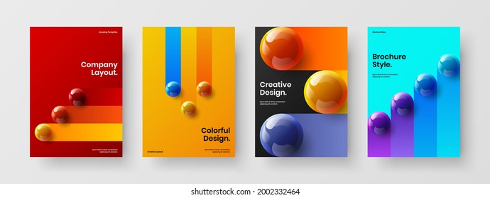 Minimalistic annual report A4 design vector illustration composition. Amazing 3D spheres catalog cover layout set.