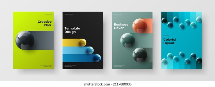 Minimalistic annual report A4 design vector illustration bundle. Trendy 3D balls journal cover template composition.