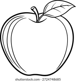Ilustração vetorial de arte de linha de maçã minimalista com um contorno preto limpo com uma única folha. Perfeito para colorir páginas, materiais educacionais, projetos de alimentos saudáveis, embalagem de produtos e projetos gráficos. Ideal para uso em obras de arte digitais, logotipos, ícones e composições com temas naturais.