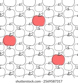 Minimalistic Apple Line Pattern with Red Accents on a White Background