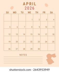 Minimalistic April 2026 planner page with notes, vector isolated illustration