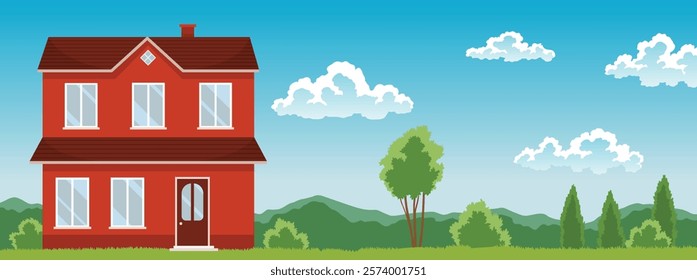 Minimalistic architecture of living house with tree and clouds. Building exterior of villa. Private real estate. Colored flat graphic vector illustration isolated on white background