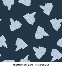 Minimalistic arctic seamless pattern with nature light blue iceberg random ornament. Dark navy blue background. Great for fabric design, textile print, wrapping, cover. Vector illustration.