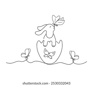 Minimalistic art of a cute Easter bunny with butterflies. Sketch. Design for coloring page. Hand drawn vector illustration.