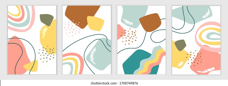 Minimalistic art. Set of abstract templates for banners, posters, flyers, covers. Vector illustration. Abstract shapes, lines and spots. Simple flat background.Colorful cartoon background