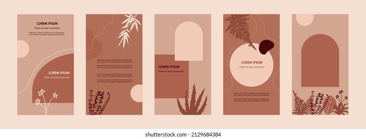 Arte minimalista. Conjunto de plantillas abstractas para carteles, afiches, historias, volantes, portadas. Ilustración vectorial. Resumen de formas, líneas y puntos. Sencillo fondo plano. Estilo escandinavo. 