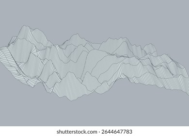 Arte minimalista com linhas lineares inspiradas na turbulência formando elevações caóticas em uma paisagem 3D abstrata