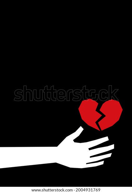 Minimalistic art with a white silhouette of a\
hand holding a red broken heart on a black background. Vector\
template for poster, book cover A4, A3 with copy space. Breakup,\
relationship,\
loneliness