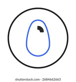 Una representación artística minimalista con una forma abstracta de huevo delineada en azul dentro de un círculo audaz. El diseño utiliza una estética limpia y simple, con una paleta apagada y una geometría básica