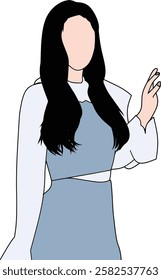 Minimalistic artwork depicting a stylish woman in a blue dress, exuding refined elegance and grace. Features simplified line art and soft coloring for a contemporary artistic appearance.