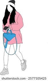 Minimalistic artwork portrays a woman dressed in casual clothing, holding a triangular-shaped purse. The digital art style captures a modern and fashionable representation of urban style.