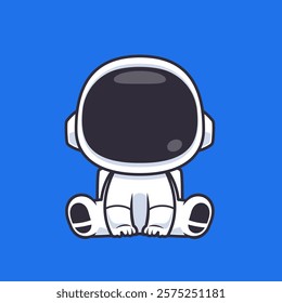  A minimalistic astronaut character in a white spacesuit with a glossy black helmet sitting on a blue background.