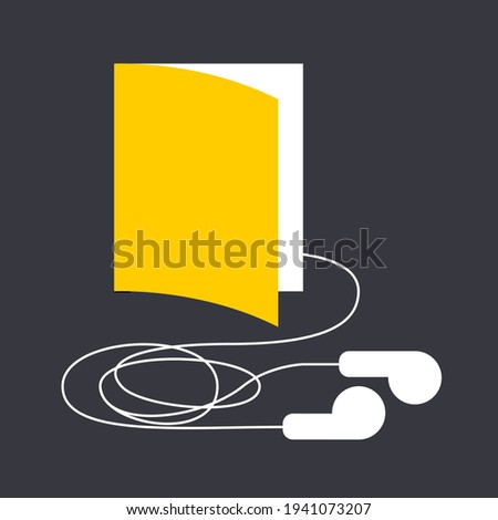 Minimalistic audiobook vector graphic illustration isolated on dark background. book with wired headphones connected to it. can be used as logo for audiobooks, advertising, web design element, icons