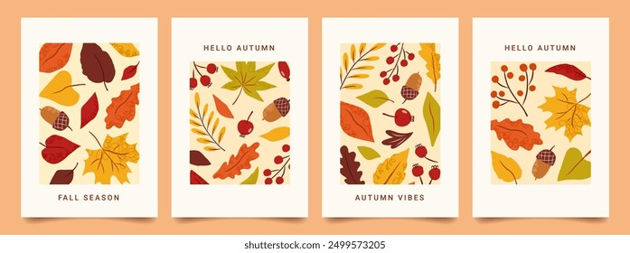 Carteles minimalistas de otoño con hojas de colores dibujadas a mano, baya y bellota. Fondo de moda de la caída, tarjeta, cubierta. Plantilla de Vector para invitación, publicidad, embalaje, redes sociales, folleto.